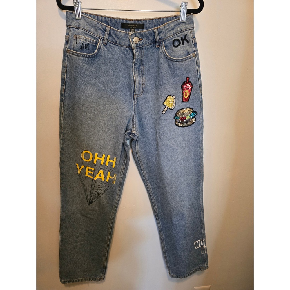 Zara Trafaluc Women Blue Patchwork Graphic Straight Leg Jeans Size 6 Ohh Yeah OK